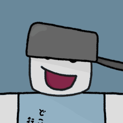 A cartoon character in a light blue background, with blocky shapes. They also have a pot on their head. Halaph's profile picture.
